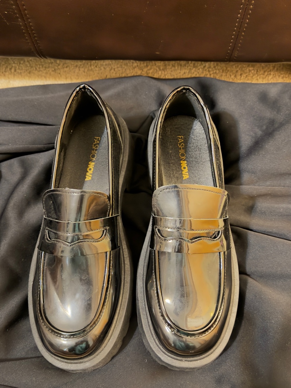 Fashion Nova Black Patent Penny Loafers with Chunky Sole